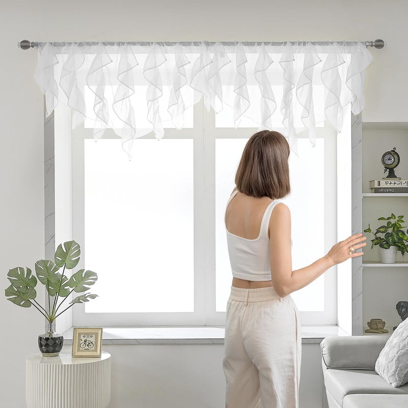 PearAge Ruffled Voile Semi Sheer Curtain Valance, Kitchen Living Room Shabby Chic Ruffle Valance Curtains, Girls Daughters Bedroom Cascade Window Valance 52x26 Inches (White-Triangle) - Image 2